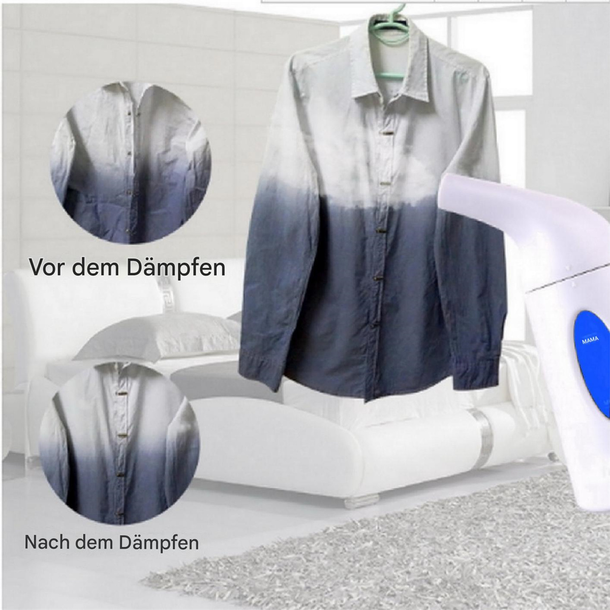 Hemd wird gedämpft. Vor dem Dämpfen ist das Hemd hell, nach dem Dämpfen dunkler, mit Dampfer rechts.