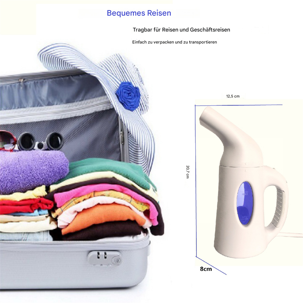 Ein geöffneter Koffer mit Kleidung. Ein Hut und eine Sonnenbrille oben, mit einem weißen Steamer.
