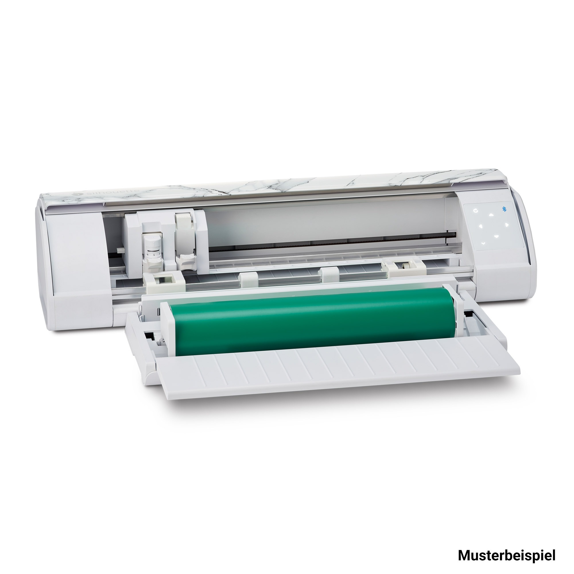 Weiße Schneidemaschine mit Marmordesign und grüner Walze.