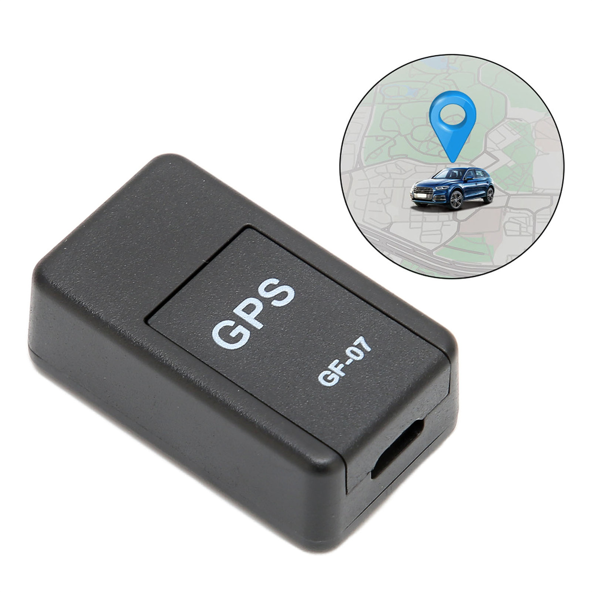 Ein schwarzer GPS-Tracker mit 'GPS' darauf. Ein Auto und ein Kartensymbol befinden sich im Hintergrund.