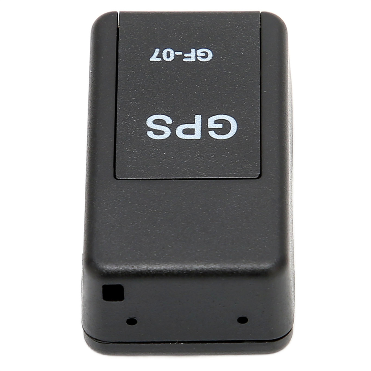 Ein schwarzes GPS-Ortungsgerät. Es trägt die Aufschrift GPS und GF-07. Der Hintergrund ist weiß.