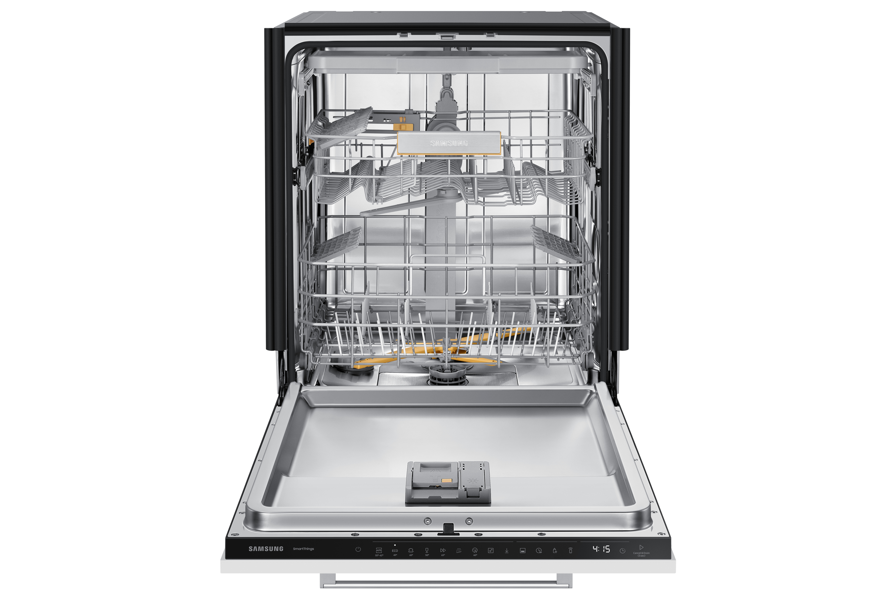 Lave-vaisselle Samsung, porte ouverte. Intérieur visible, avec paniers, bras de lavage. Intérieur argenté, cadre noir.