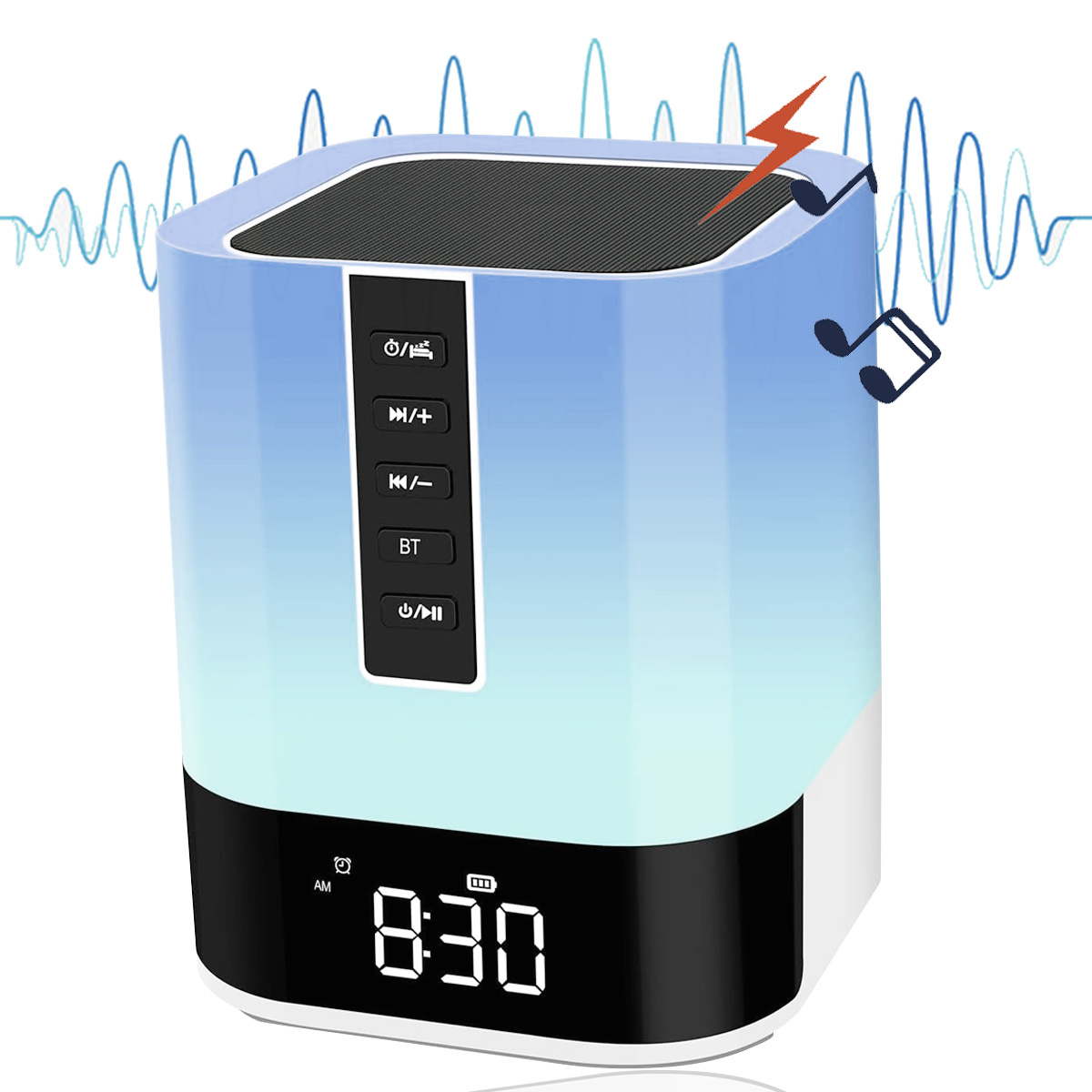 Eine weiß-blaue Schlafgeräuschmaschine mit Digitaluhr und Bedientasten.