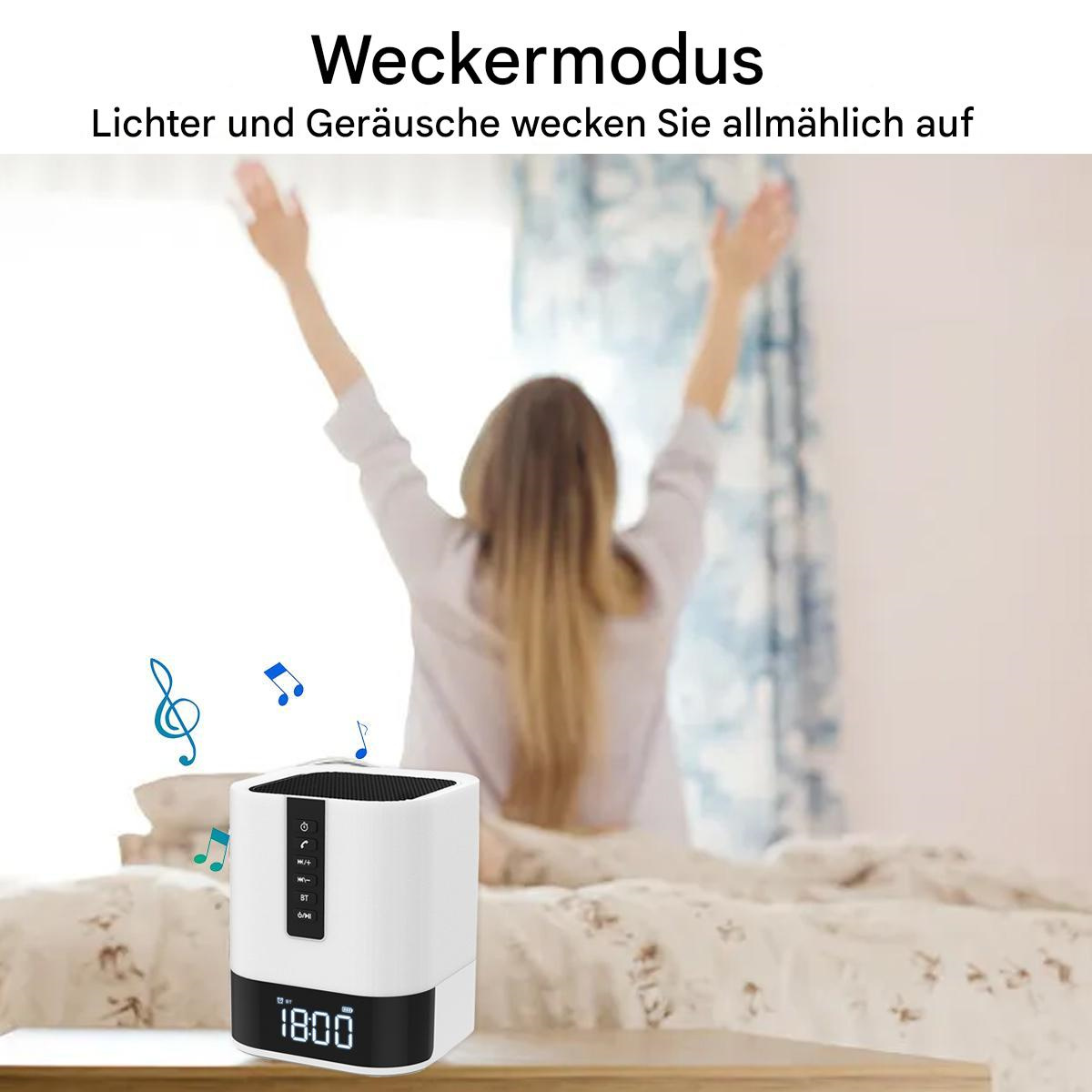 Ein weißer Wecker mit Noten und eine sich im Bett streckende Person.