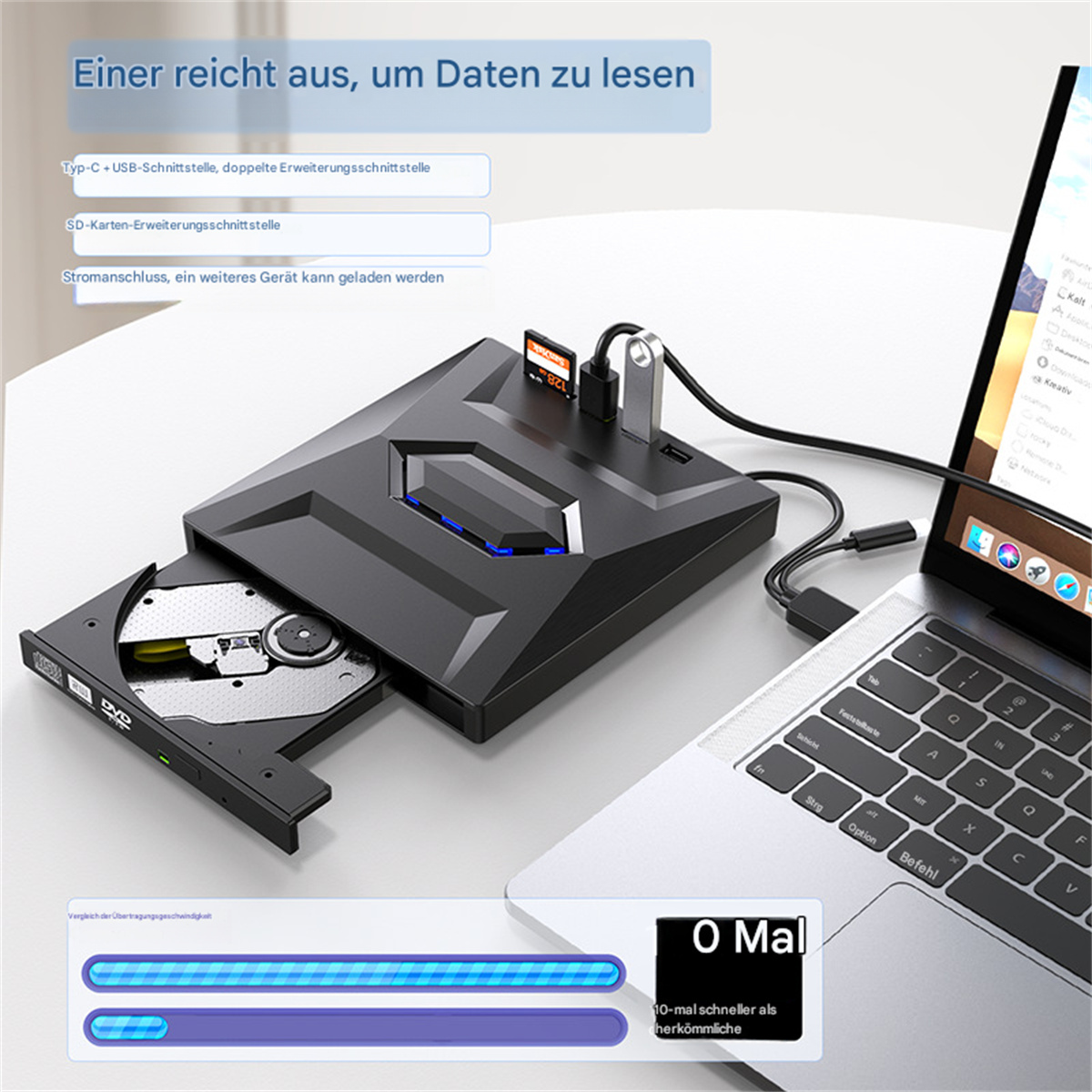 Schwarzes Gerät mit USB-Anschlüssen, SD-Karte und Laptop.