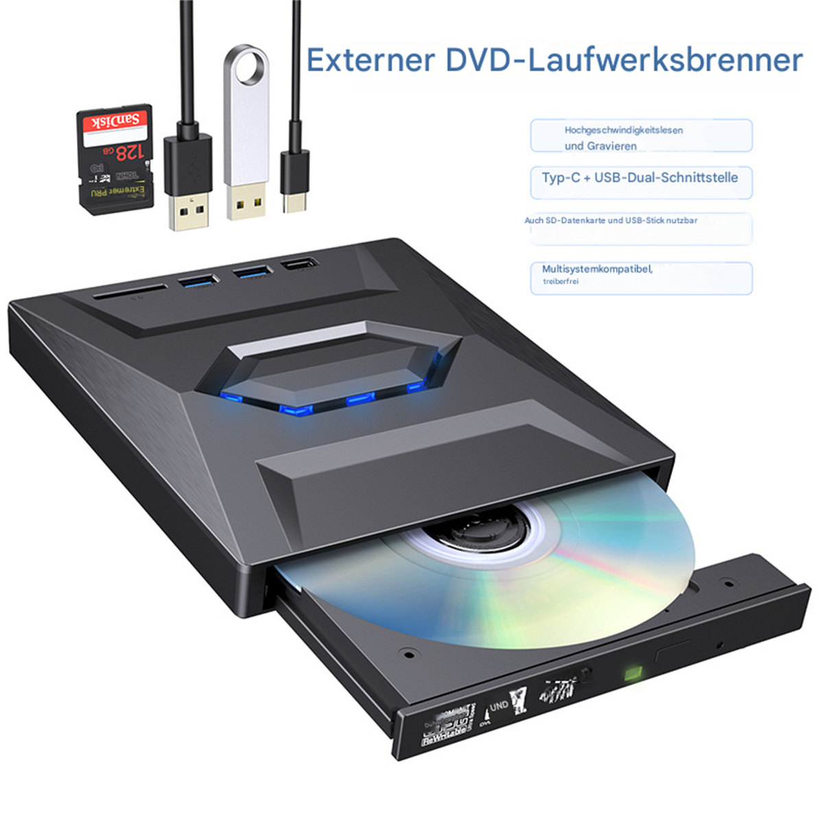 Externes DVD-Laufwerk mit USB-Anschlüssen. Eine DVD ist eingelegt. SD-Karte und USB-Sticks sind sichtbar.
