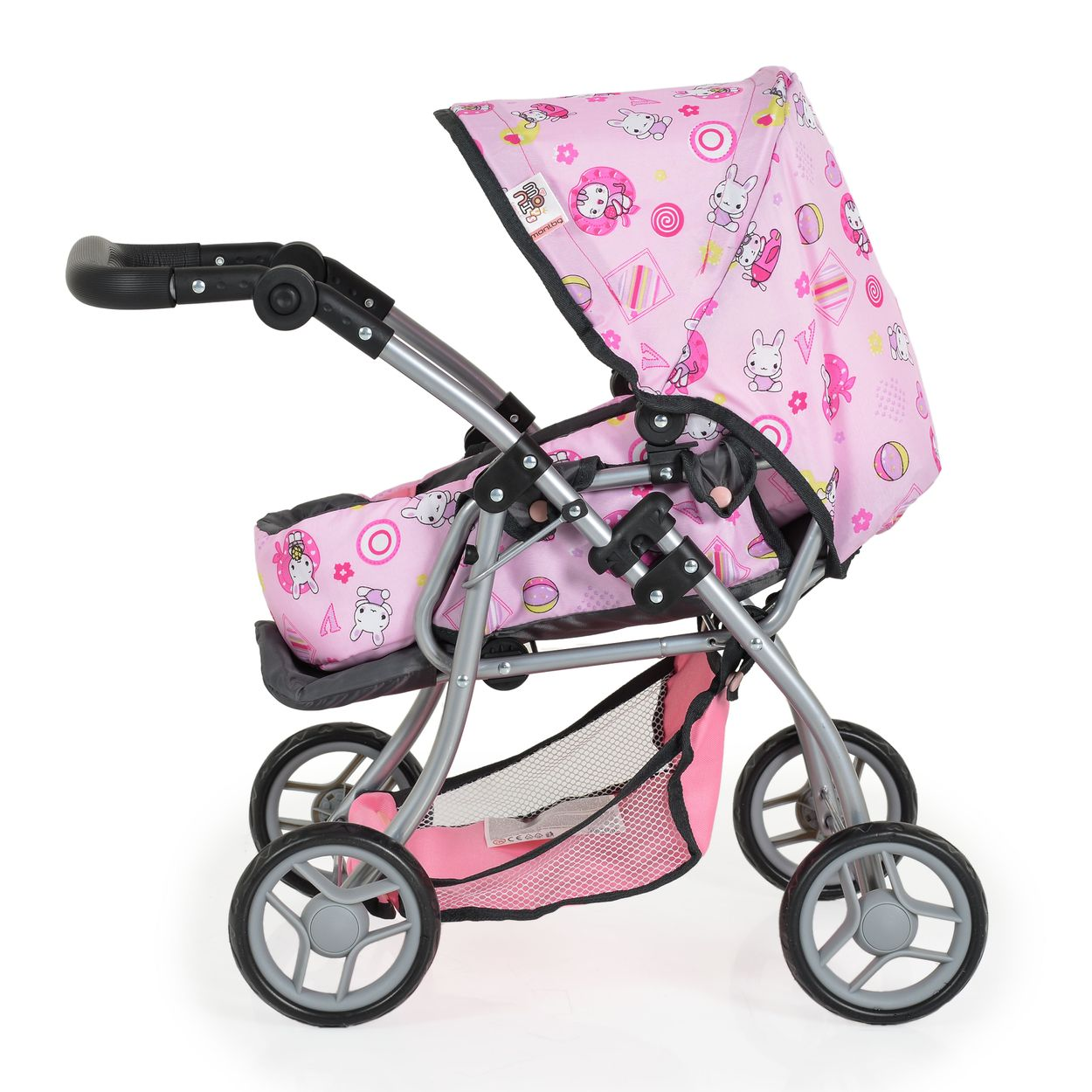 Rosa Puppenwagen mit Verdeck und Aufbewahrungskorb, auf weißem Hintergrund.
