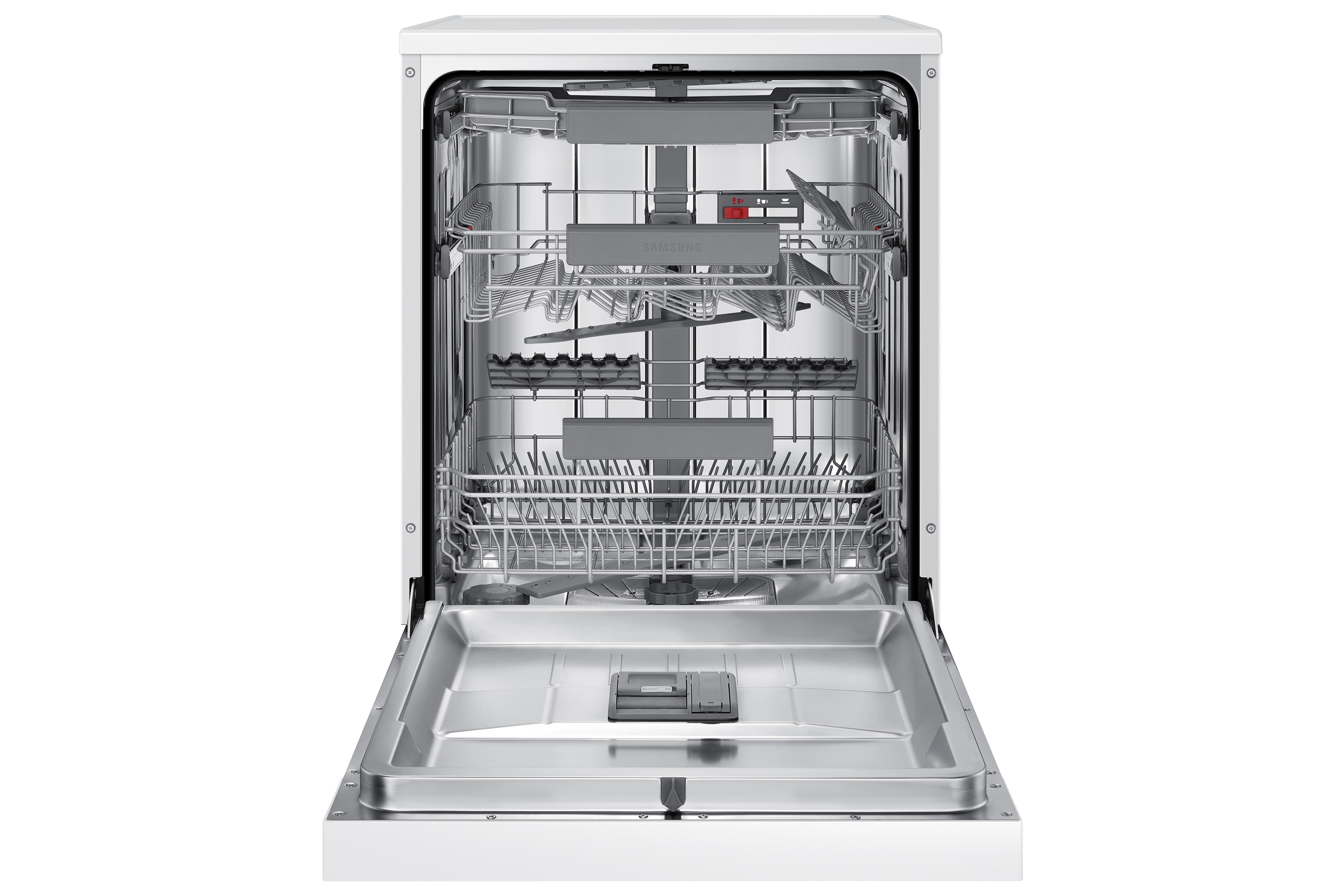 Lavavajillas Samsung blanco abierto. El interior muestra rejillas y aspersores, listos para los platos.