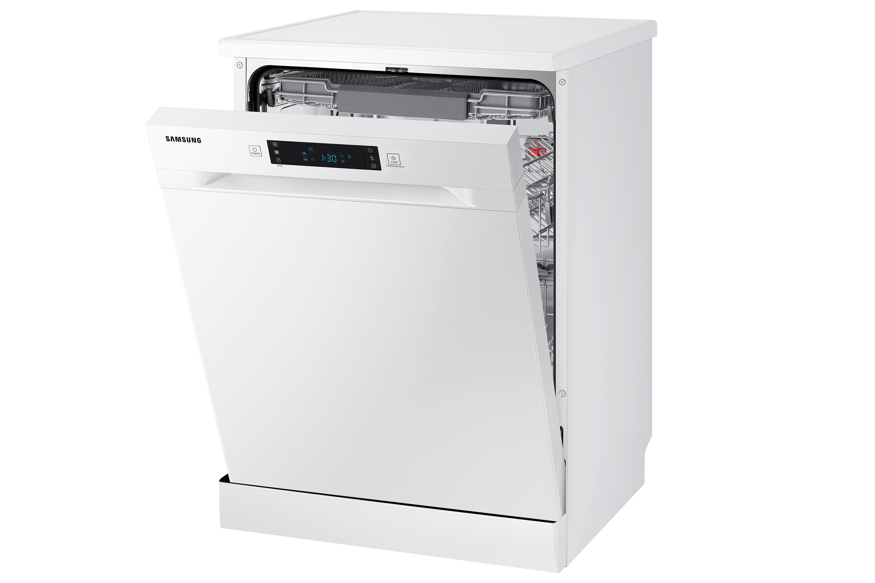 Lavavajillas Samsung blanco con puerta abierta. La pantalla muestra la configuración. Gabinete blanco.