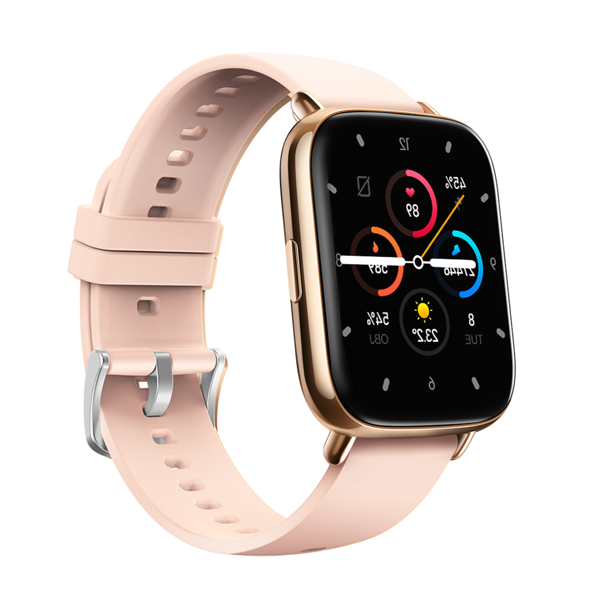Smartwatch mit goldfarbenem Gehäuse und pinkfarbenem Armband. Das Display zeigt Uhrzeit, Datum und andere Infos.