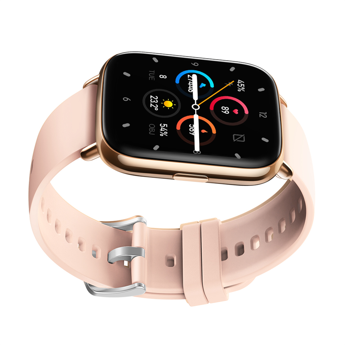 Eine rosa Smartwatch mit goldfarbener Lünette und rosa Armband. Der Bildschirm zeigt Aktivitätsdaten an.
