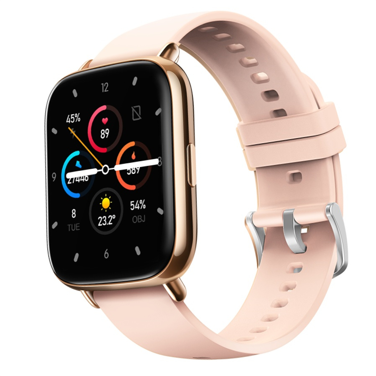 Eine goldene Smartwatch mit pinkfarbenem Armband, die Daten auf ihrem Bildschirm anzeigt.