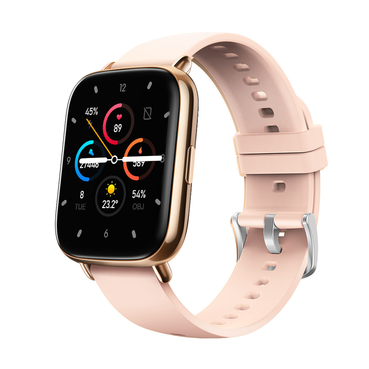 Eine goldene Smartwatch mit rosa Armband. Der Bildschirm zeigt Daten an.
