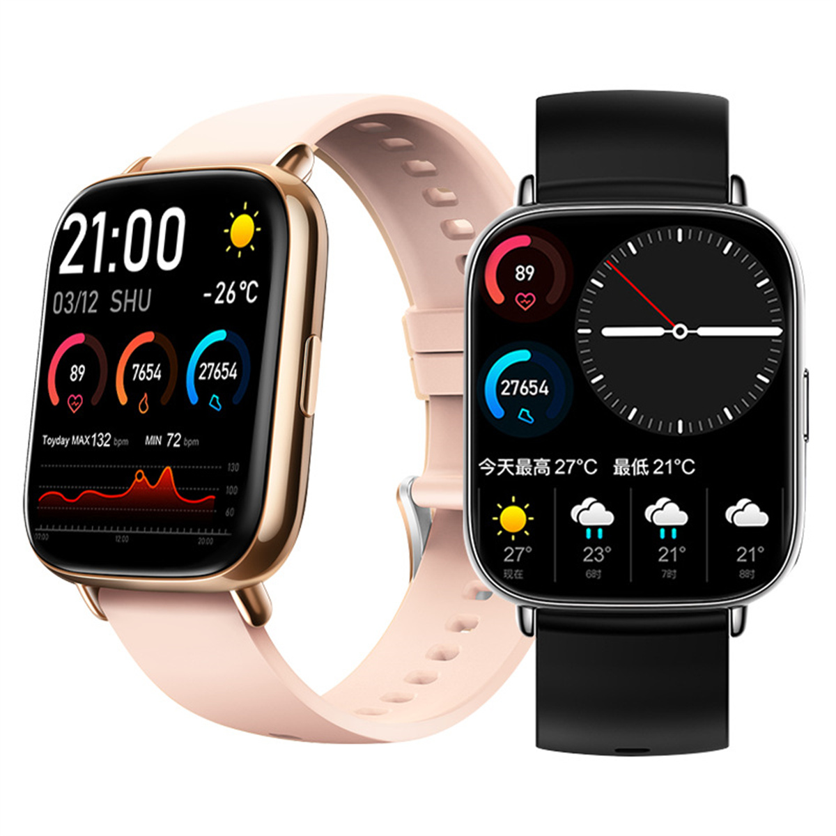 Zwei Smartwatches: eine pinkfarbene und eine schwarze. Zeigen Zeit, Datum und Gesundheitsmetriken an. Weißer Hintergrund.