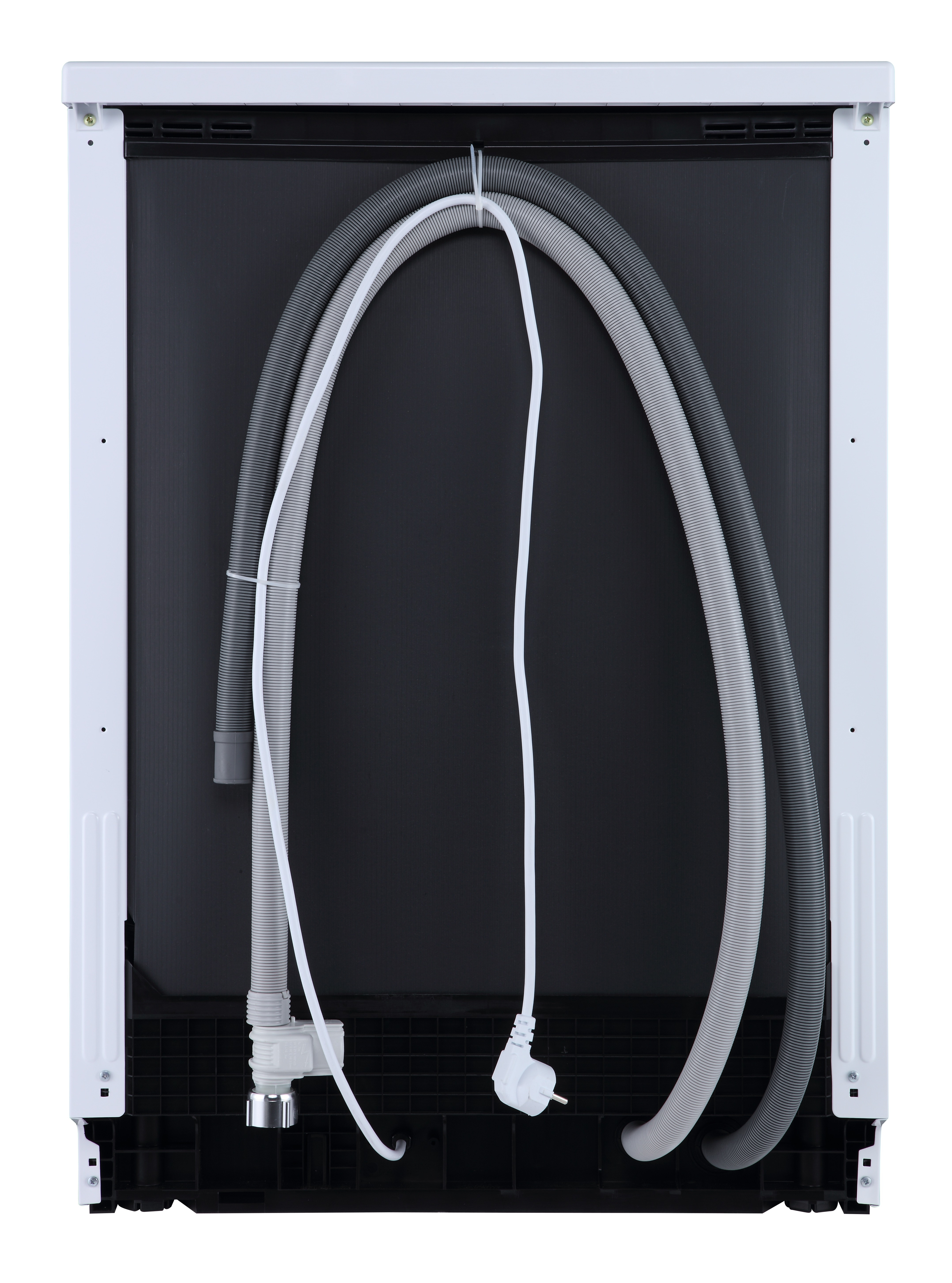 Tył zmywarki z wężami, przewodem zasilającym i innymi elementami na czarnym tle.