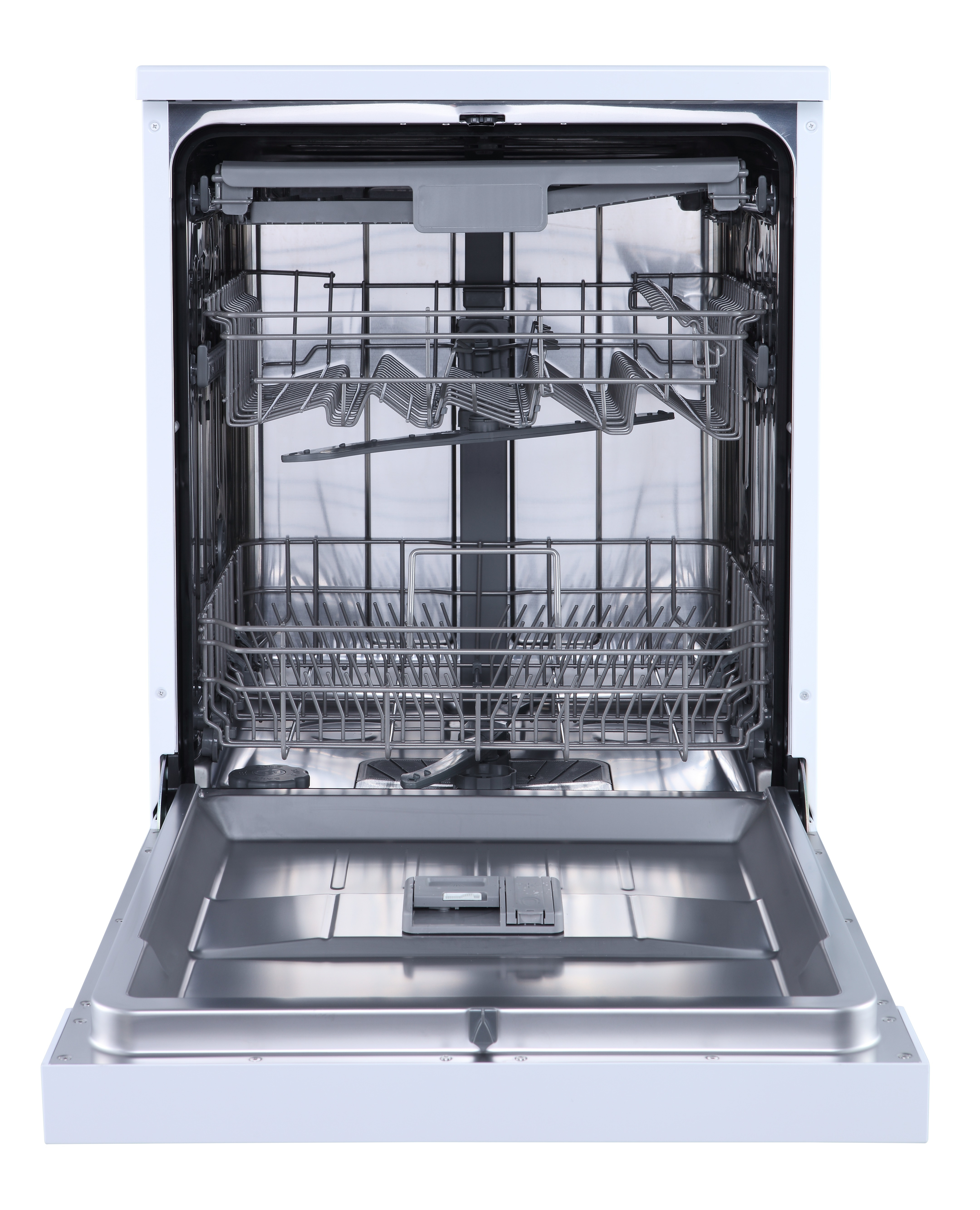 Wnętrze białej zmywarki z otwartymi drzwiami. Stojaki na naczynia. Srebrne metalowe wnętrze.