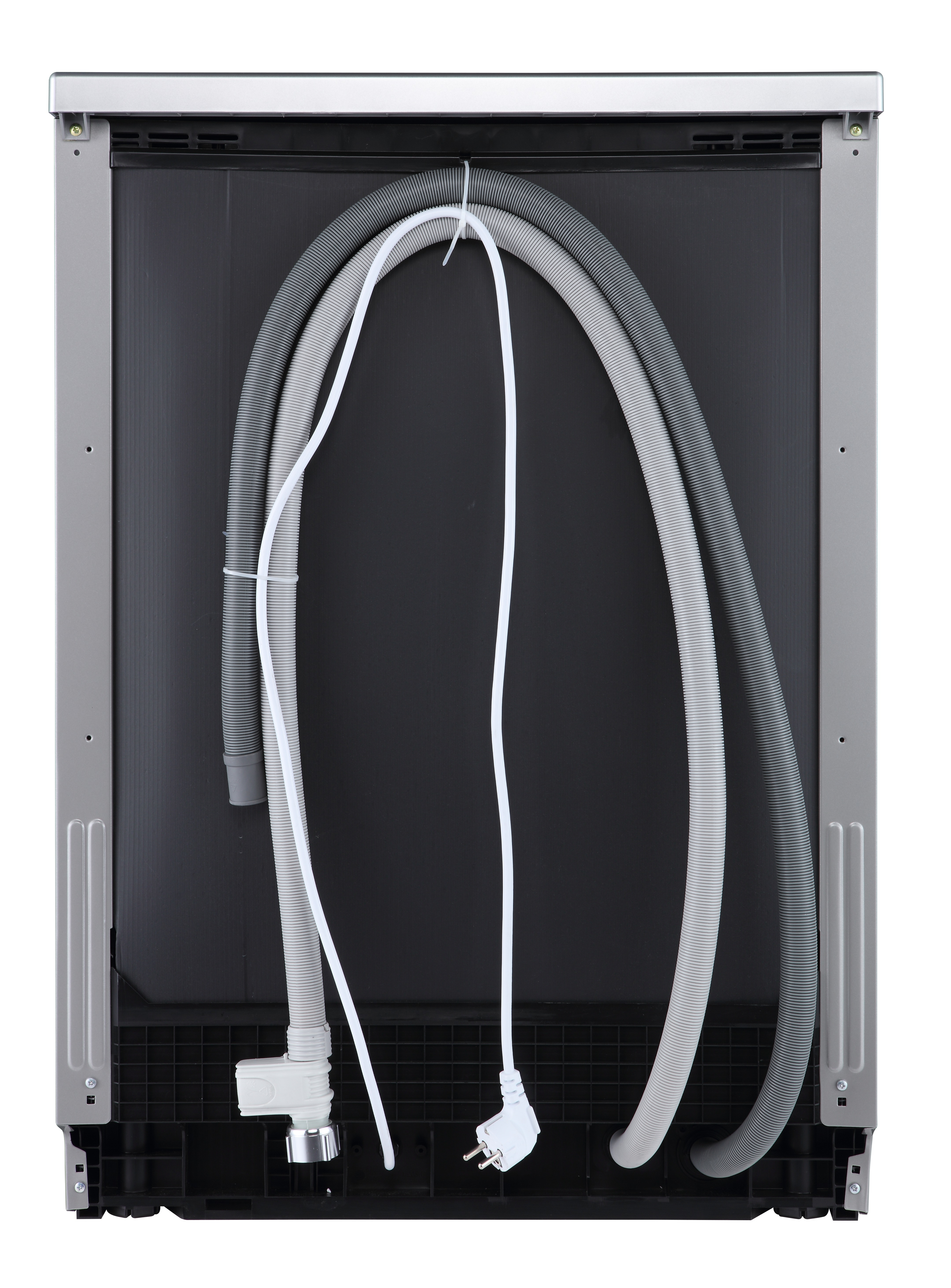 Widok z tyłu zmywarki, szare i białe węże oraz czarne wnętrze.