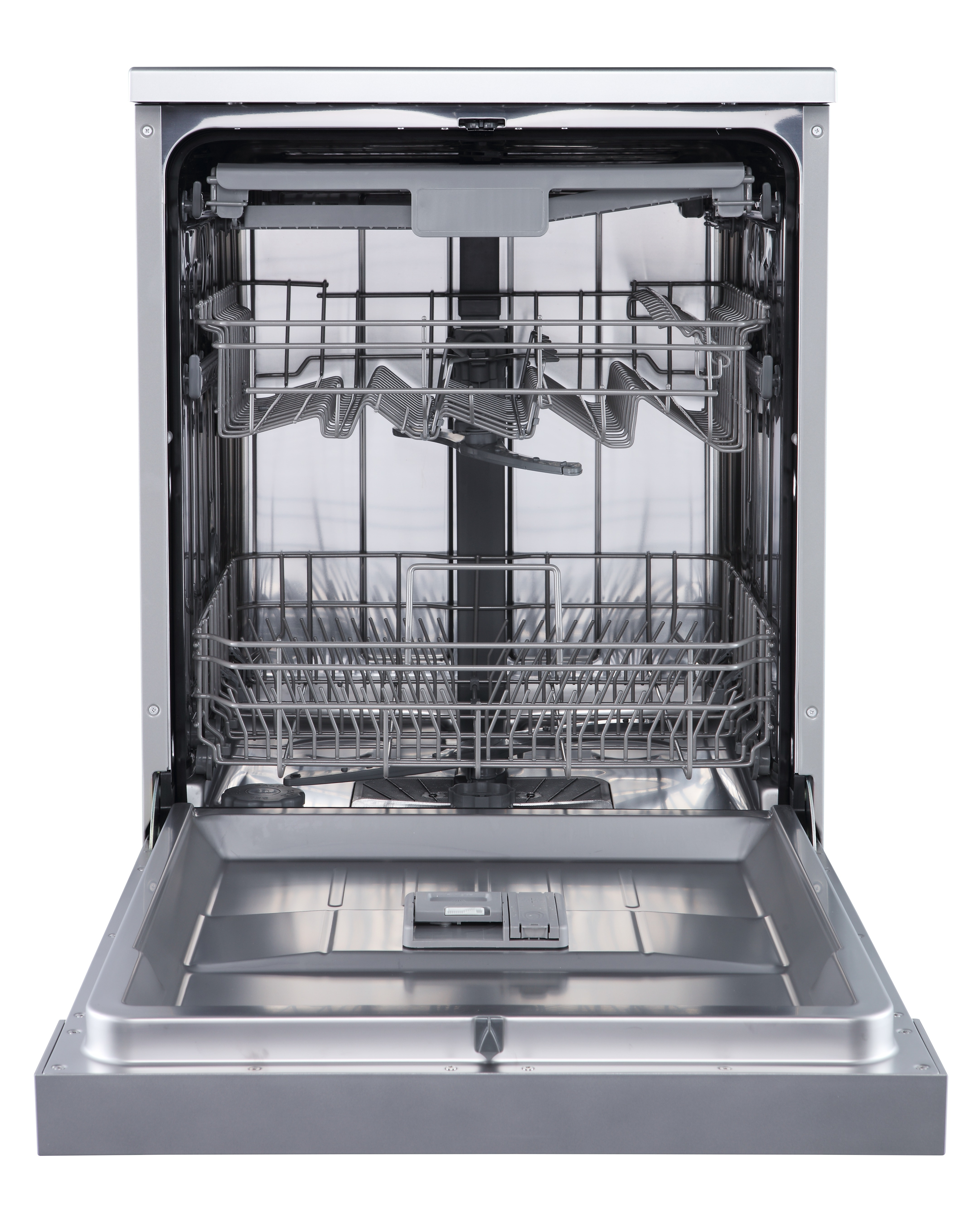 Otwarty wnętrze zmywarki ze stali nierdzewnej, puste kosze.