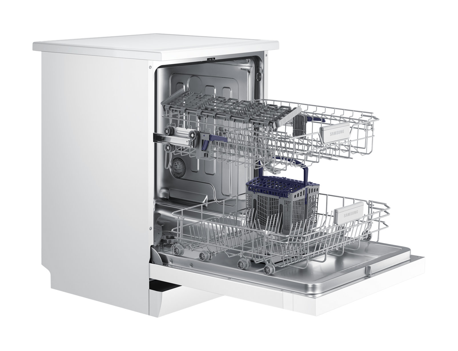 Biała zmywarka z otwartymi drzwiami, pokazująca wewnętrzne kosze.