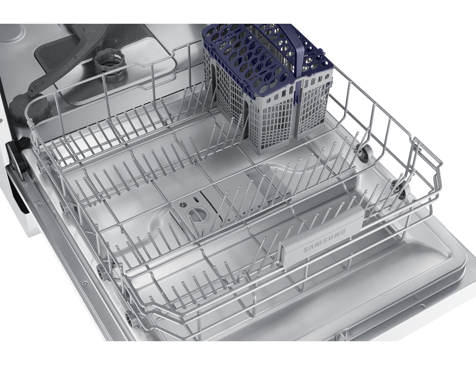 Wnętrze zmywarki z niebieskim koszem i metalowymi półkami.