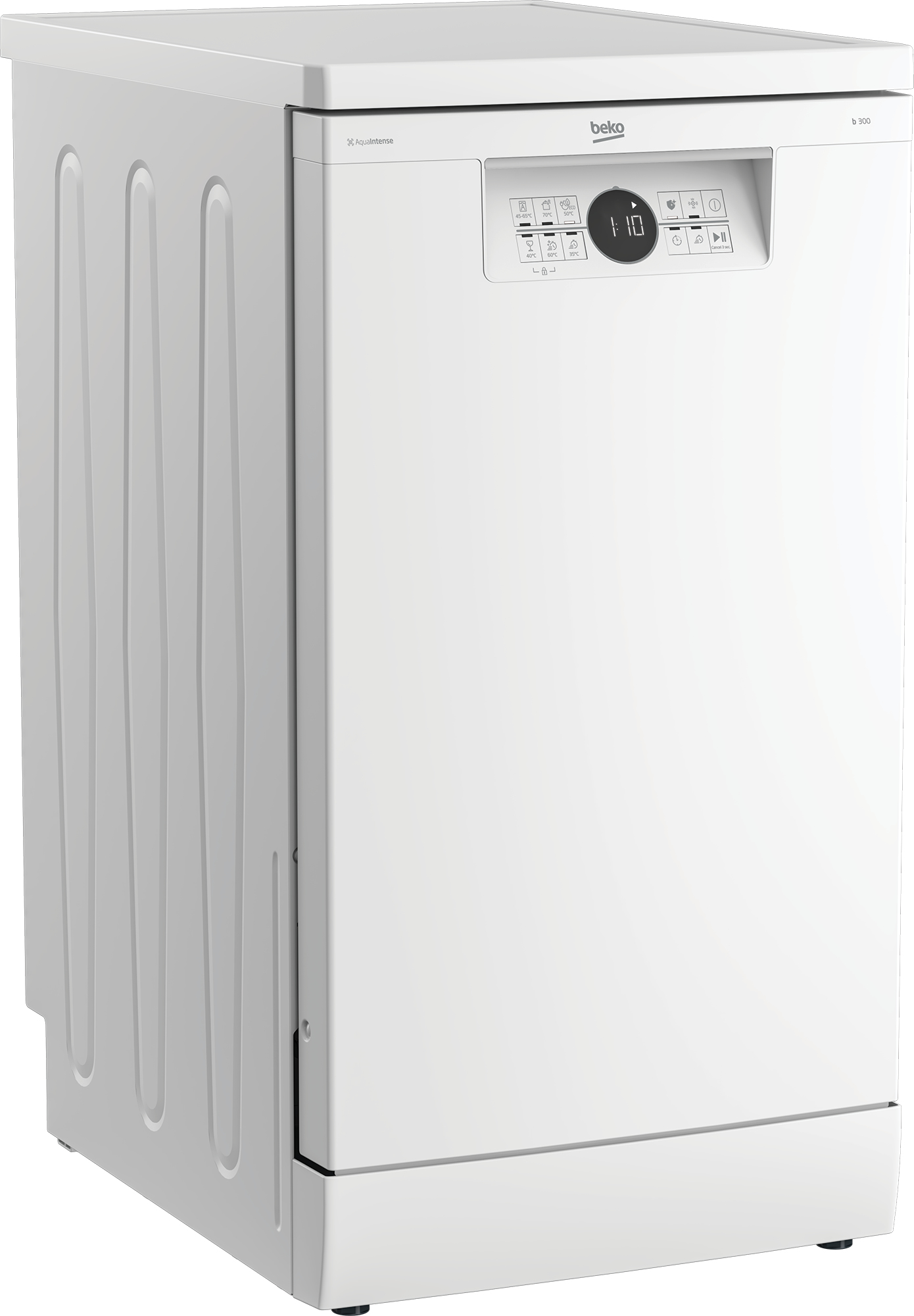 Lavastoviglie Beko bianca su sfondo bianco, vista angolata. Pannello comandi in alto.