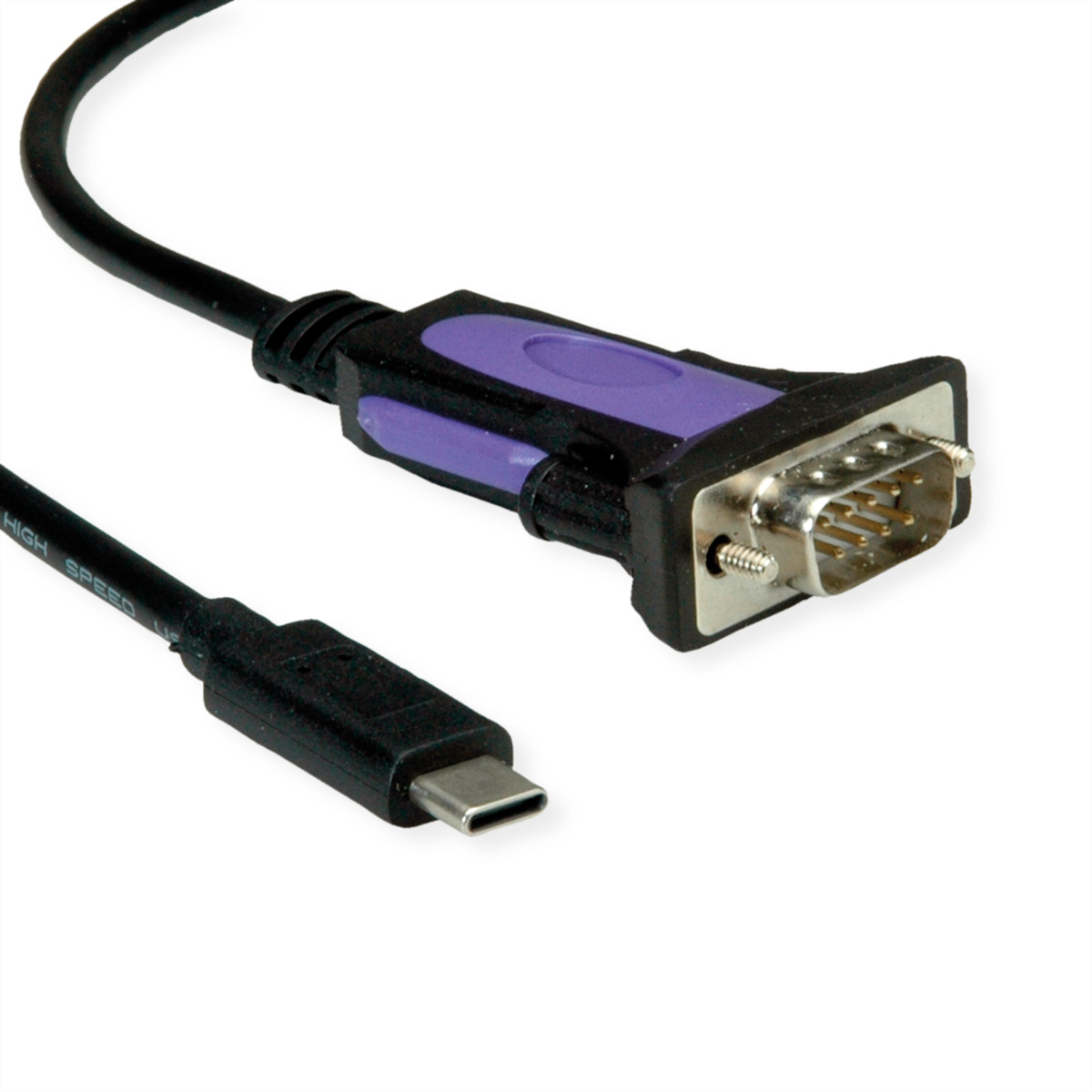 Cable adaptador USB-C a VGA, cable negro con conector morado y plateado.