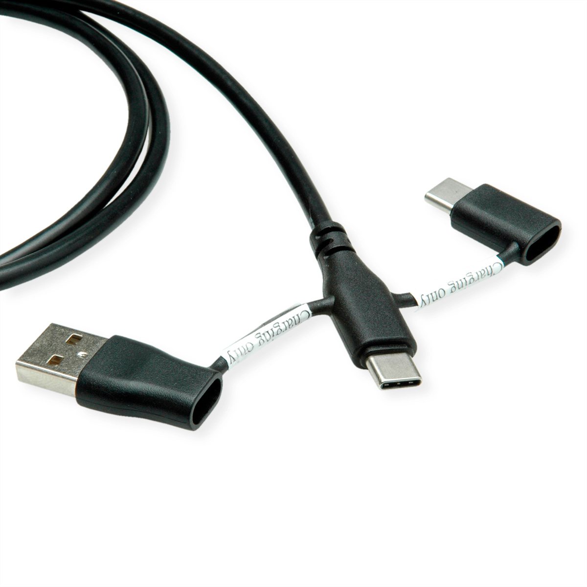 Câble de charge USB-C noir avec plusieurs connecteurs. Fond blanc. Étiquettes indiquant 'Chargement uniquement'.
