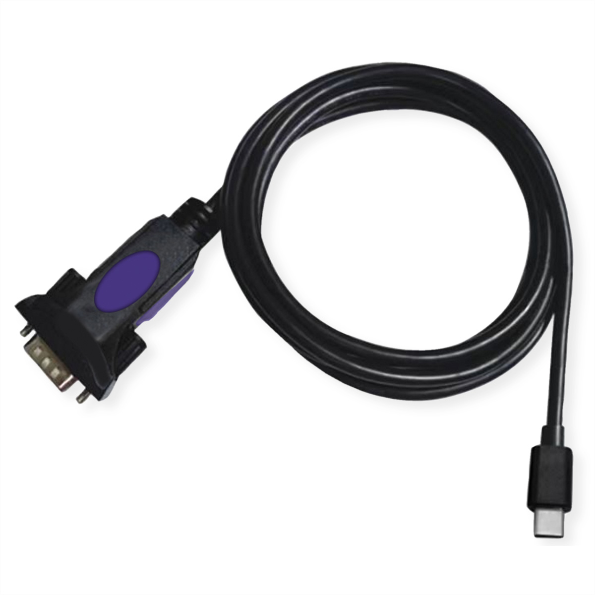 Cable negro con conector DB9 y USB-C.