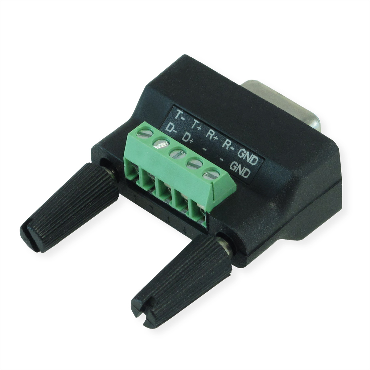 Un adaptateur noir avec des bornes vertes, des bornes à vis et deux boutons noirs.