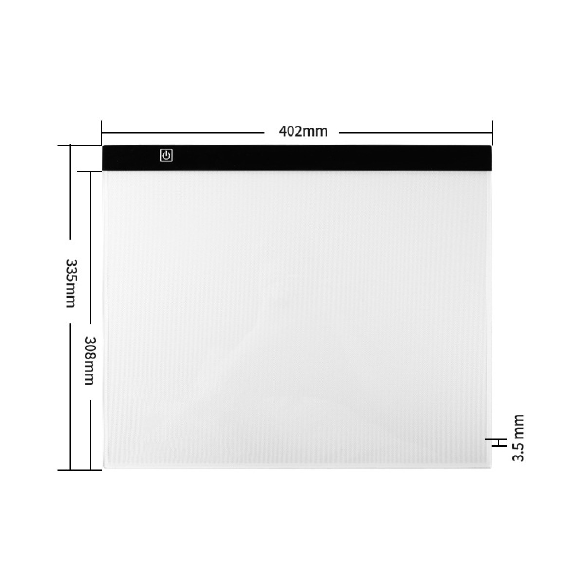 Płaski panel LED z wymiarami i przyciskiem zasilania. Czarna ramka i biała powierzchnia.