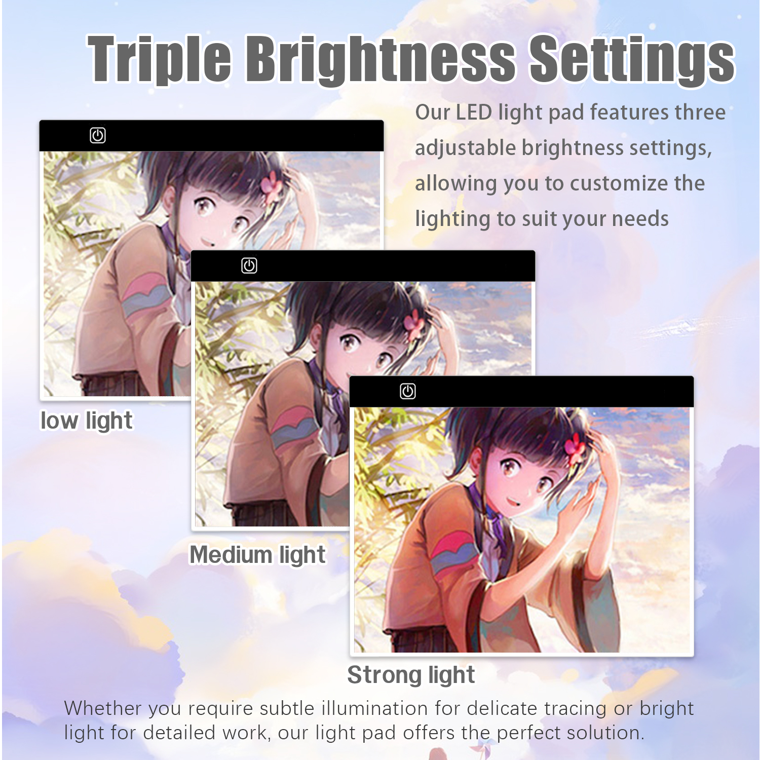 Trzy ekrany pokazujące dziewczynę z regulowanymi ustawieniami jasności. Tekst: "Potrójne ustawienia jasności".