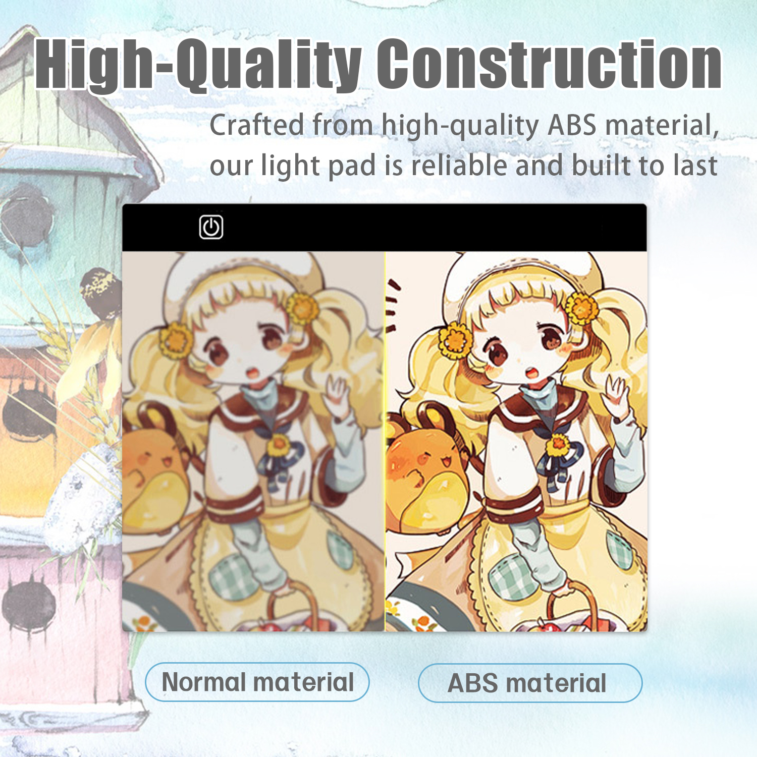 Obrazek przedstawia podświetlaną podkładkę z porównaniem rysunku z materiału normalnego i ABS.