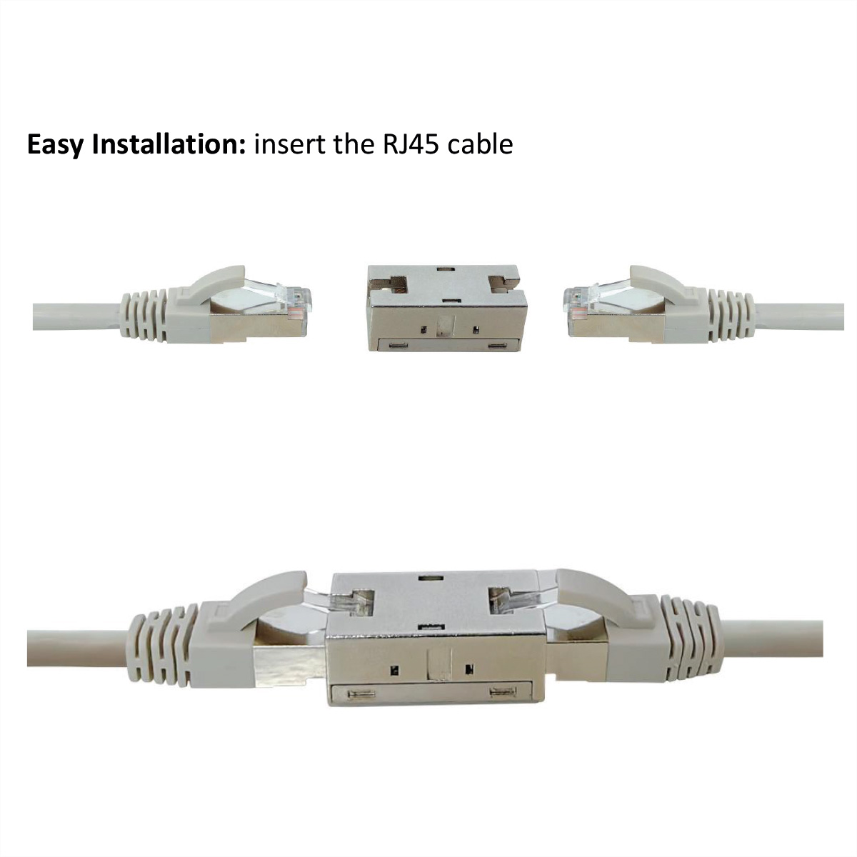 Zwei RJ45-Kabel und ein Stecker werden gezeigt. Die Kabel sind grau und der Stecker ist silber. Der Hintergrund ist weiß.