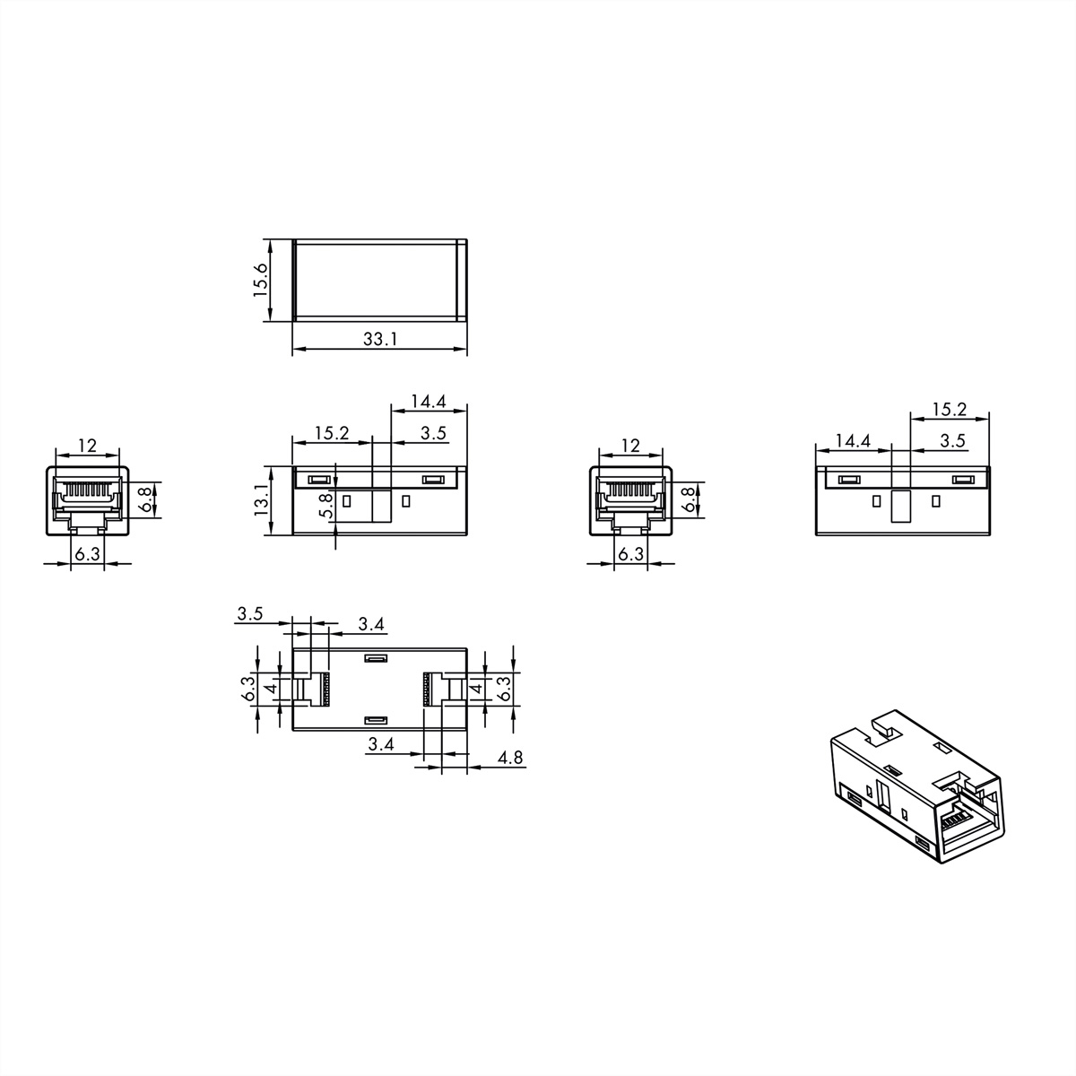 Technische Zeichnungen von RJ45-Anschlüssen, die verschiedene Ansichten und Abmessungen auf weißem Hintergrund zeigen.