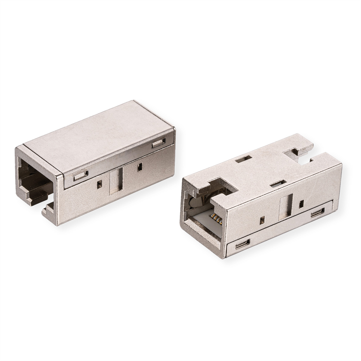 Zwei Metall-RJ45-Anschlüsse. Einer offen, einer geschlossen, mit silbernem Finish und rechteckiger Form.