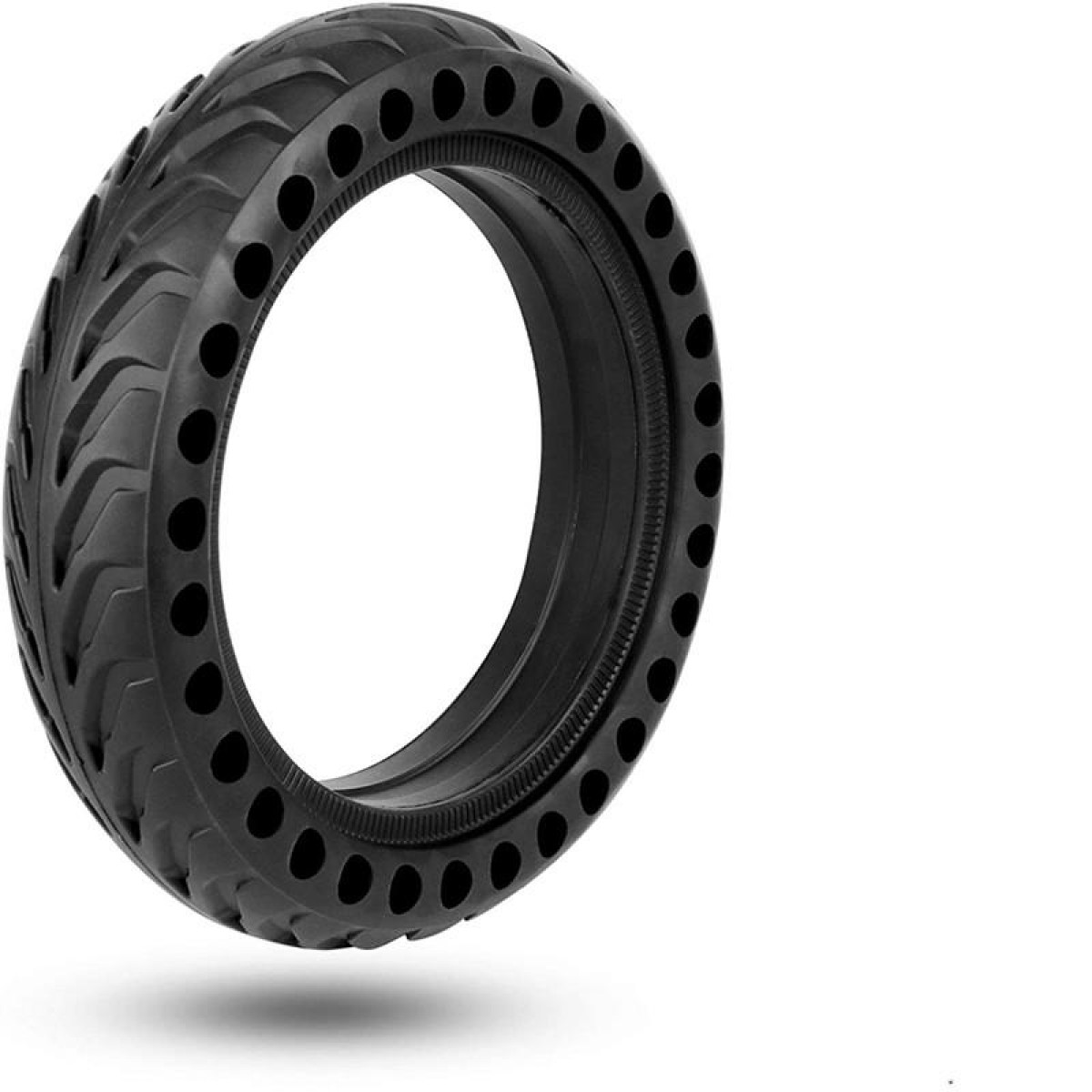 Czarna, pełna opona z otworami. Widoczny jest wzór opony.