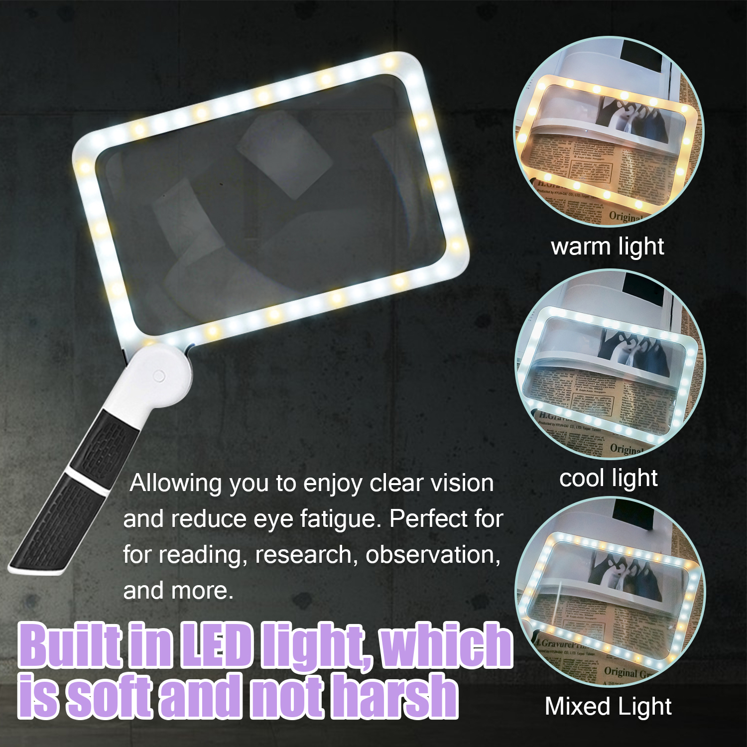 Lupa z diodami LED. Trzy przykłady pokazują ciepłe, chłodne i mieszane światło na książce.