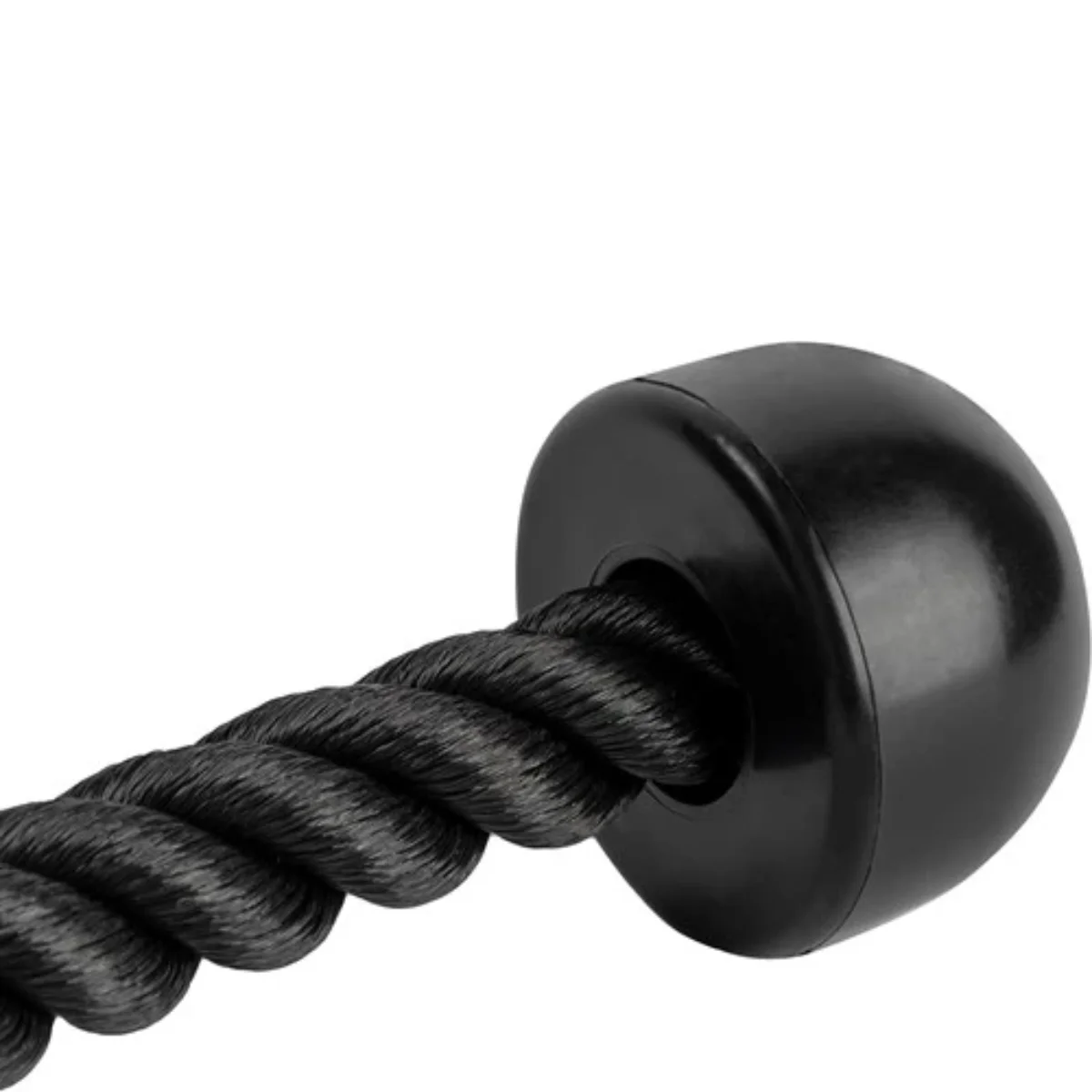 Black rope with a black ball-shaped end. The rope is thick and twisted.