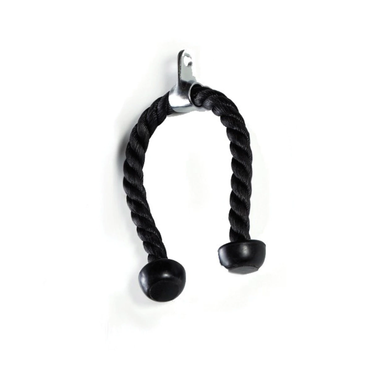 Black rope for gym. The rope is hanging. The background is white. The rope has black handles.