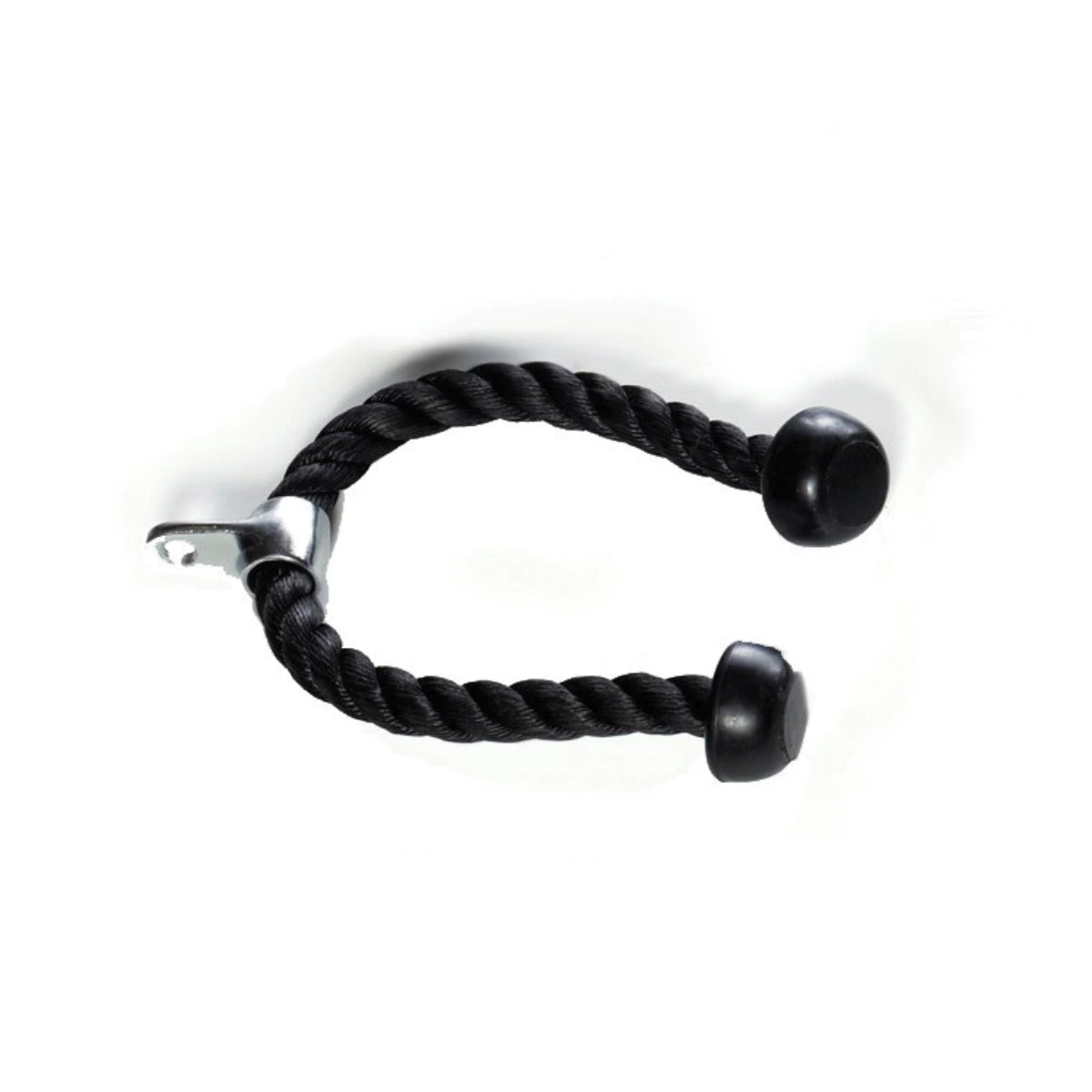 Black tricep rope cable attachment for gym equipment, on a white background.