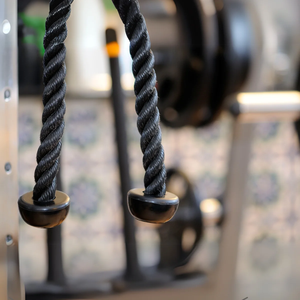 Two black ropes with handles hanging in a gym. The background is blurred.