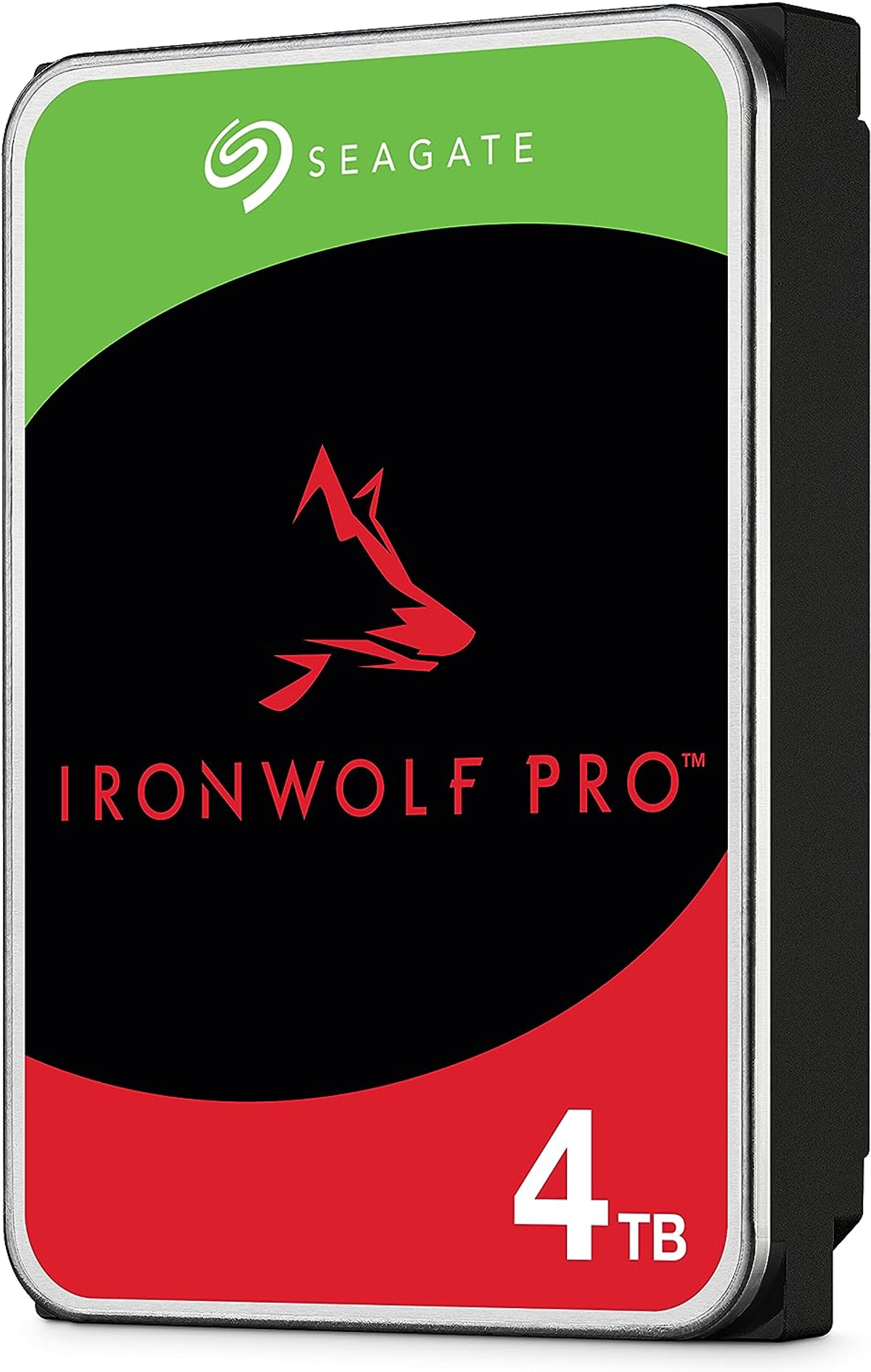 Dysk twardy Seagate IronWolf Pro z czerwonym logo lisa na czarnym tle. Zielony wierzch.