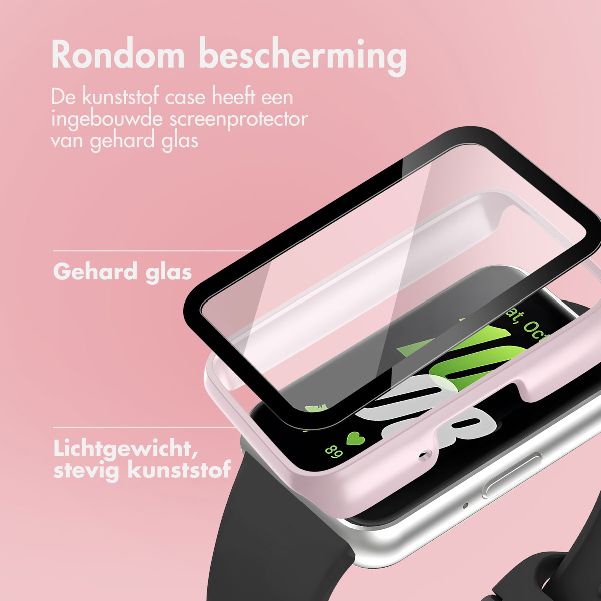 Pink watch case protecting a smartwatch, with the case components separated.