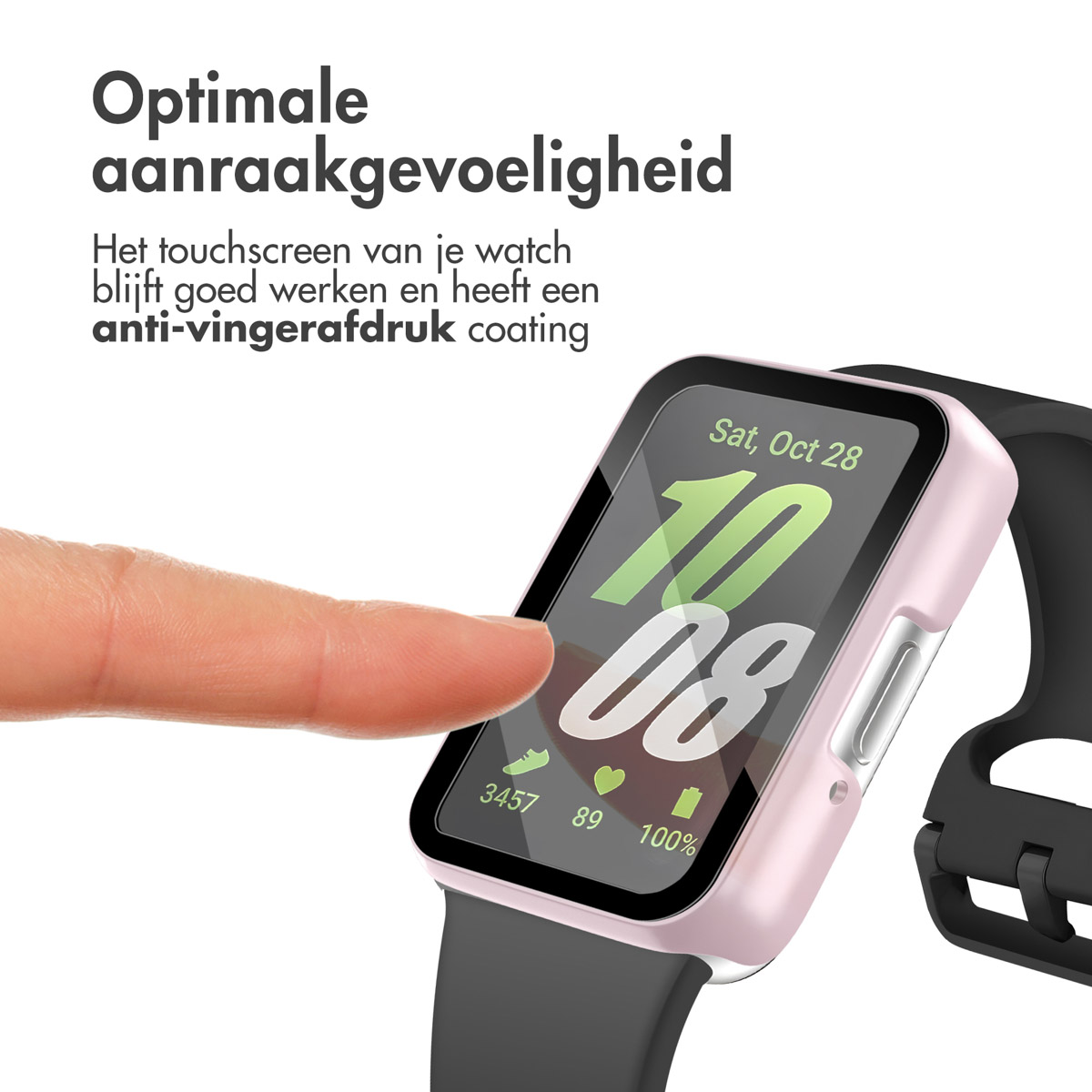 A person's finger touching a smartwatch screen that displays the date and time. The watch is in a pink case.