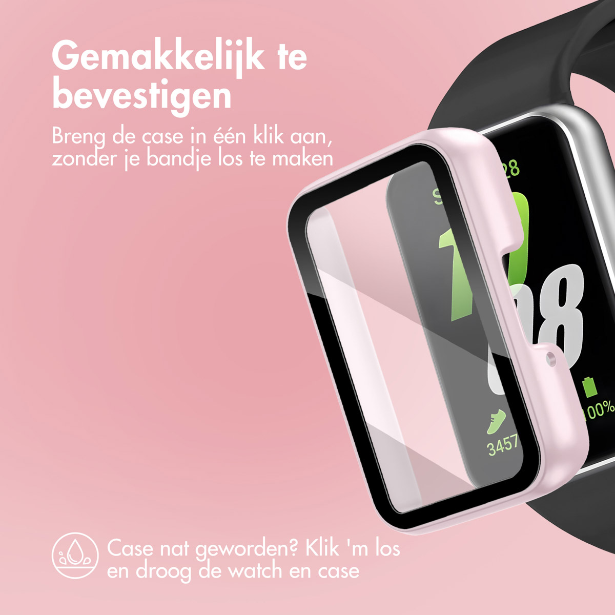 A pink watch case being attached to a black smartwatch, with a pink background.