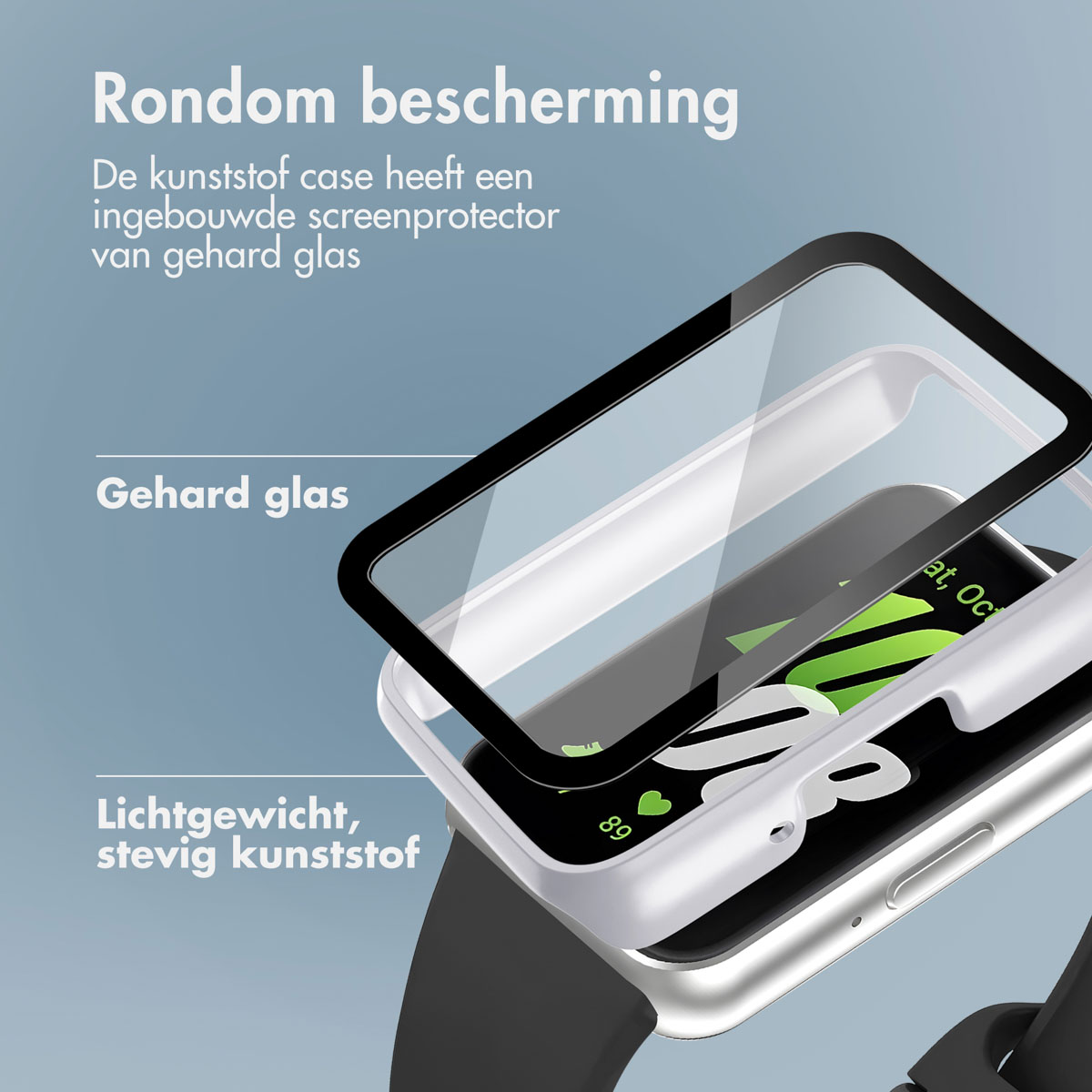 A watch screen protector is shown. Clear glass sits over a white case. Text is visible on the watch face.