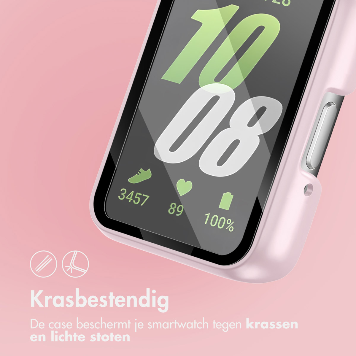 Pink smartwatch case on a pink background, displaying time and stats.