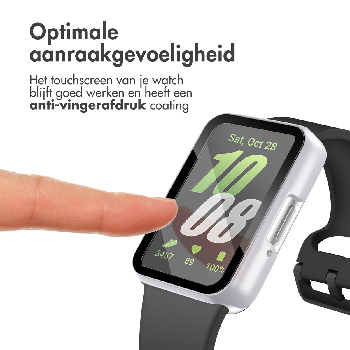 Smartwatch screen showing the date and time. Finger touching the screen. White and black band. White background.
