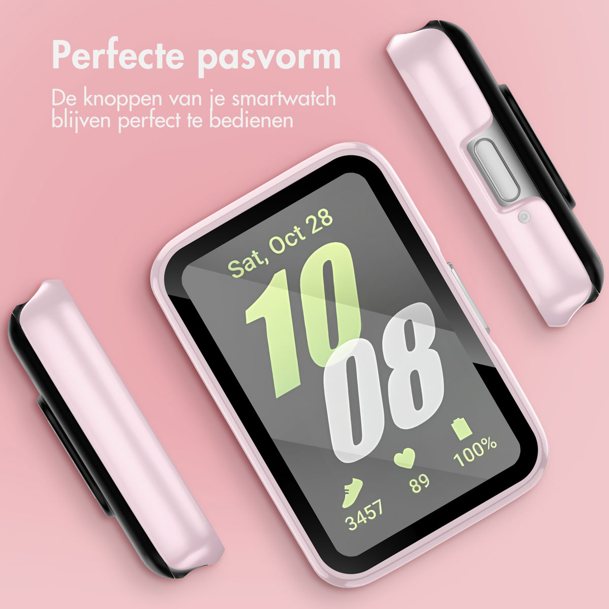 Smartwatch on a pink surface with two pink and black side pieces.