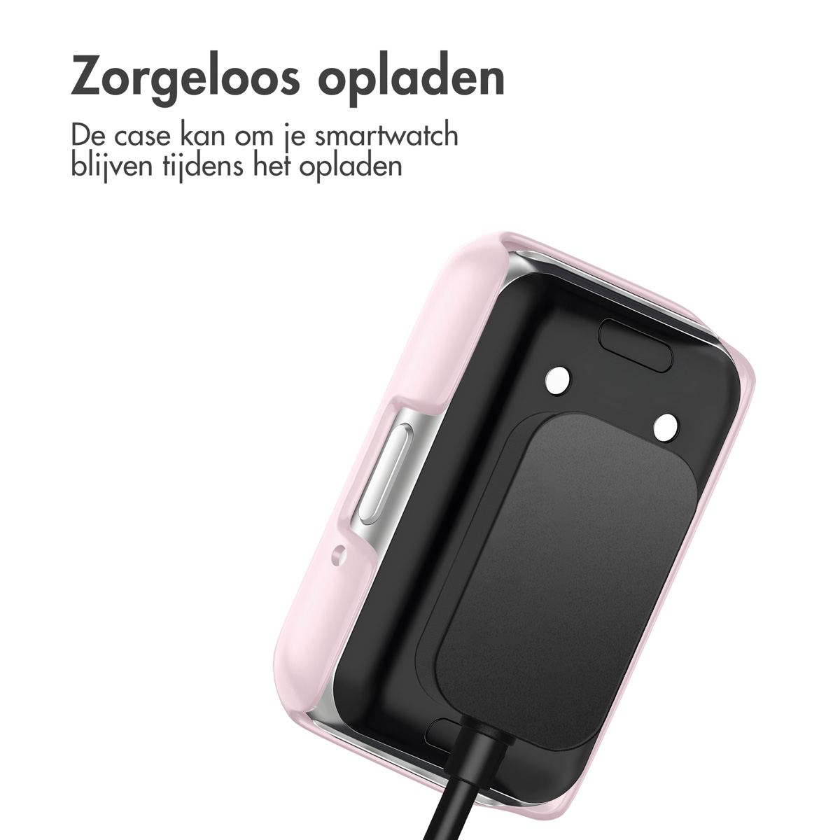 A pink charging case with a black charging pad and a smartwatch.